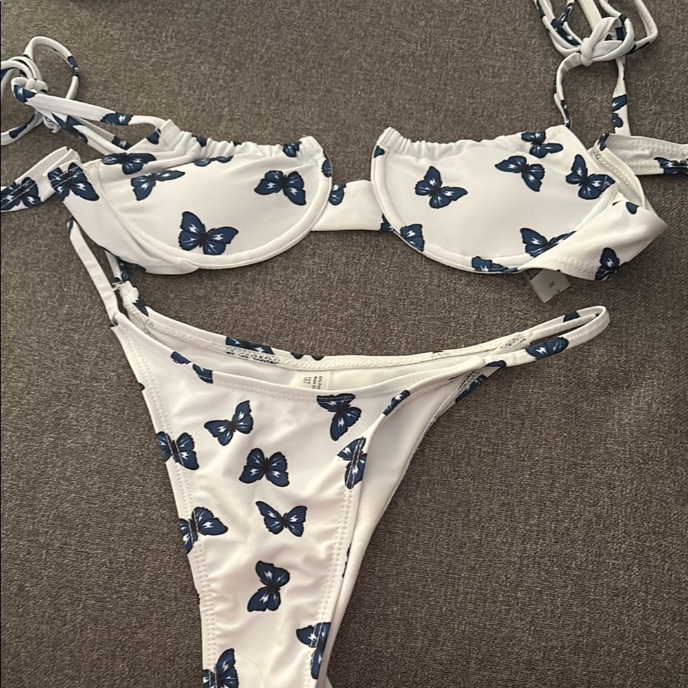 White Bikini with Blue Butterfly Print
